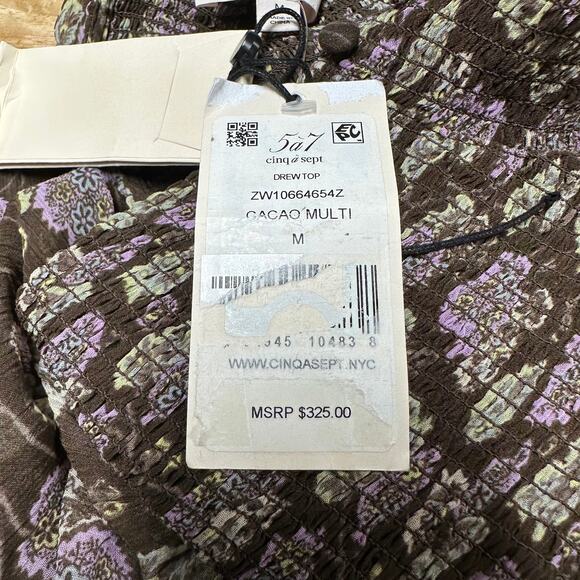 Cinq a Sept NWT Drew Georgette Floral Top Size M Smocked Bodice & Cuff Mock Neck - Picture 5 of 9